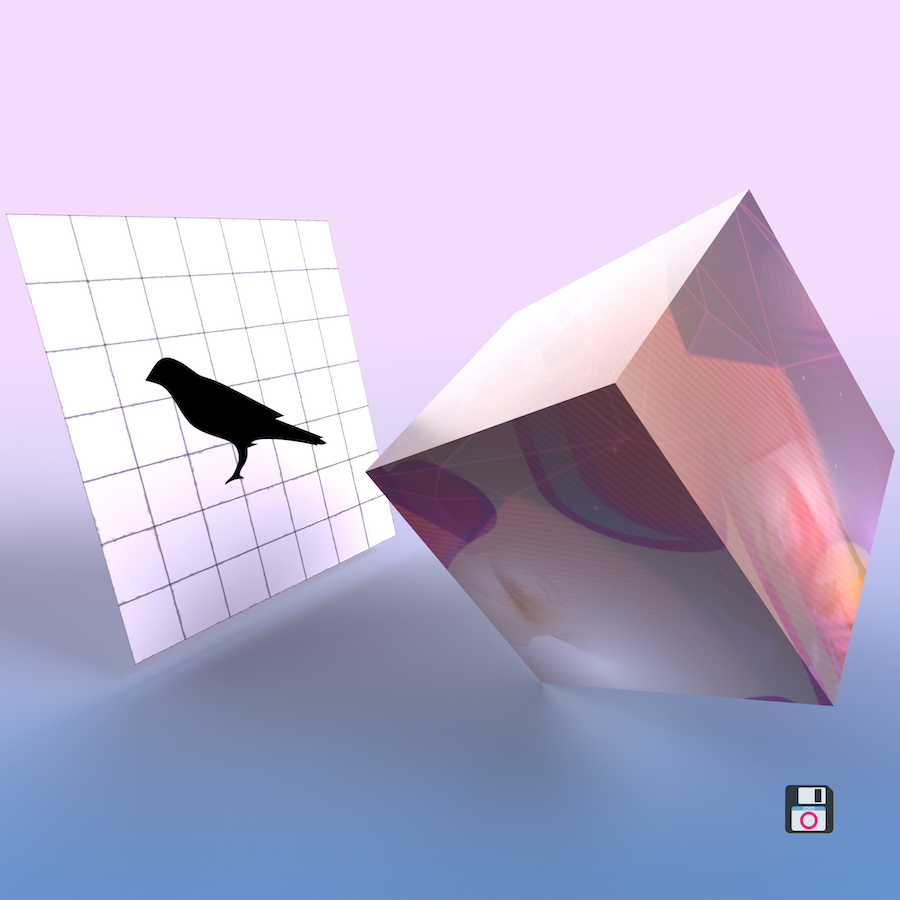 “Art featuring a cube beside a plane featuring a Kusama bird logo”