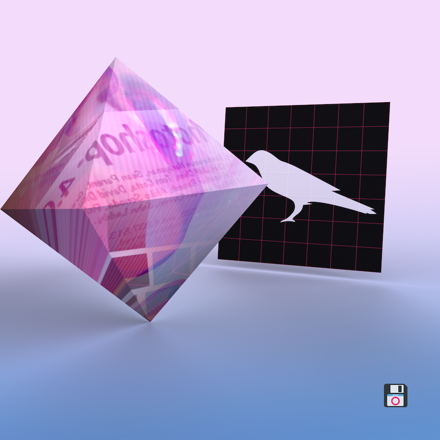 “Art featuring an octahedron beside a plane featuring a Kusama bird logo”