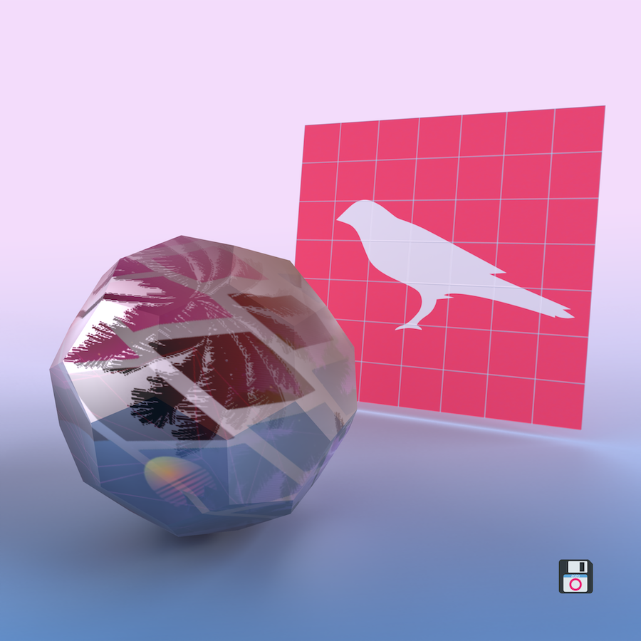 “Art featuring an icosahedron beside a plane featuring a Kusama bird logo”