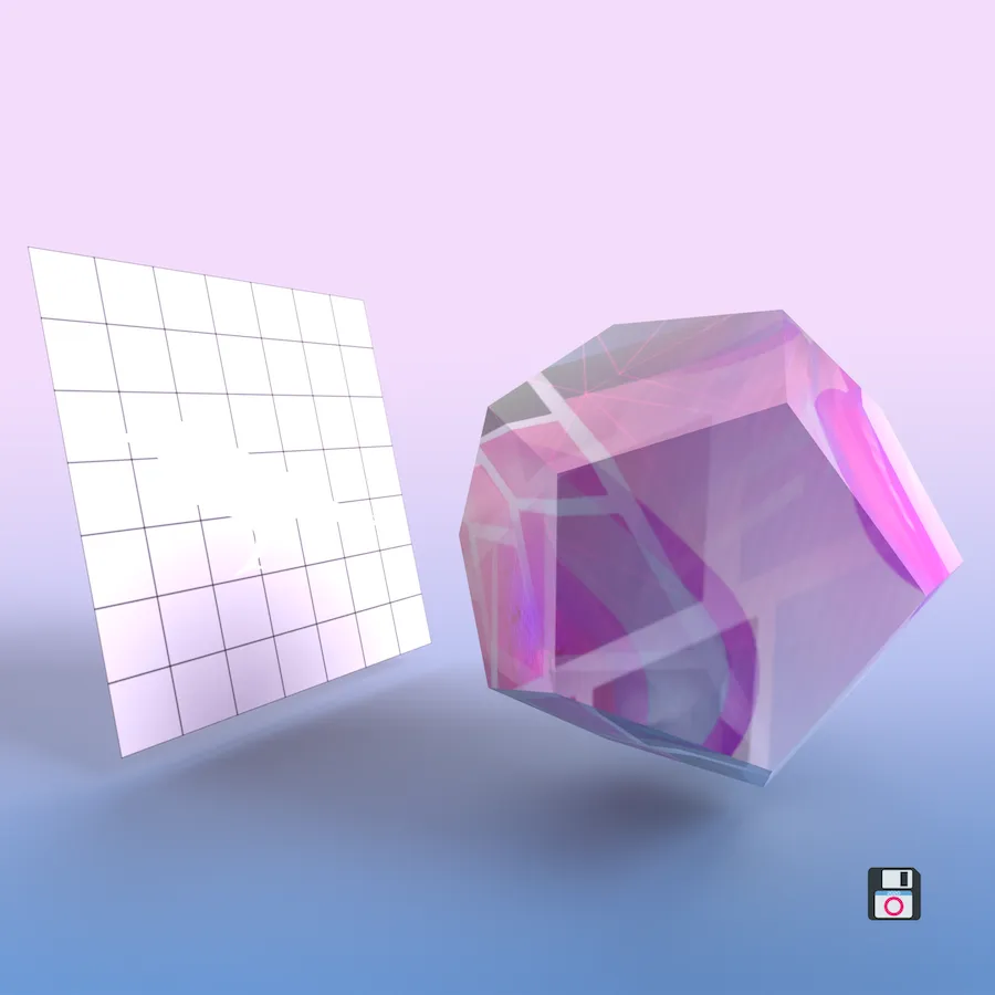 "Art featuring a dodecahedron beside a plane featuring a Kusama bird logo"