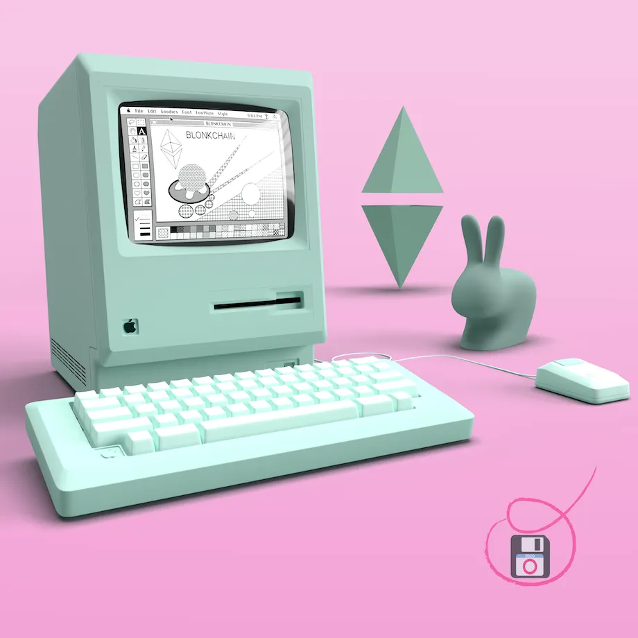 Artwork 'TMA-1986-2' features a pastel green Macintosh Plus PC with modern Ethereum based abstract art on display in MacPaint; there is a small bunny statue and Ethereum sculpture present with the computer's keyboard and mouse.