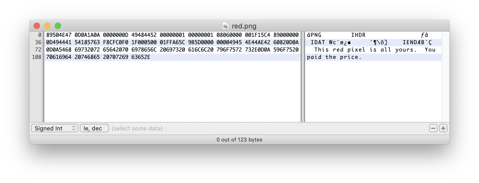 The artwork 'Red' as seen in a hex editor