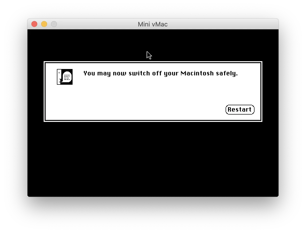 Screenshot showing desktop of System 6 on a Macintosh Plus shut down screen