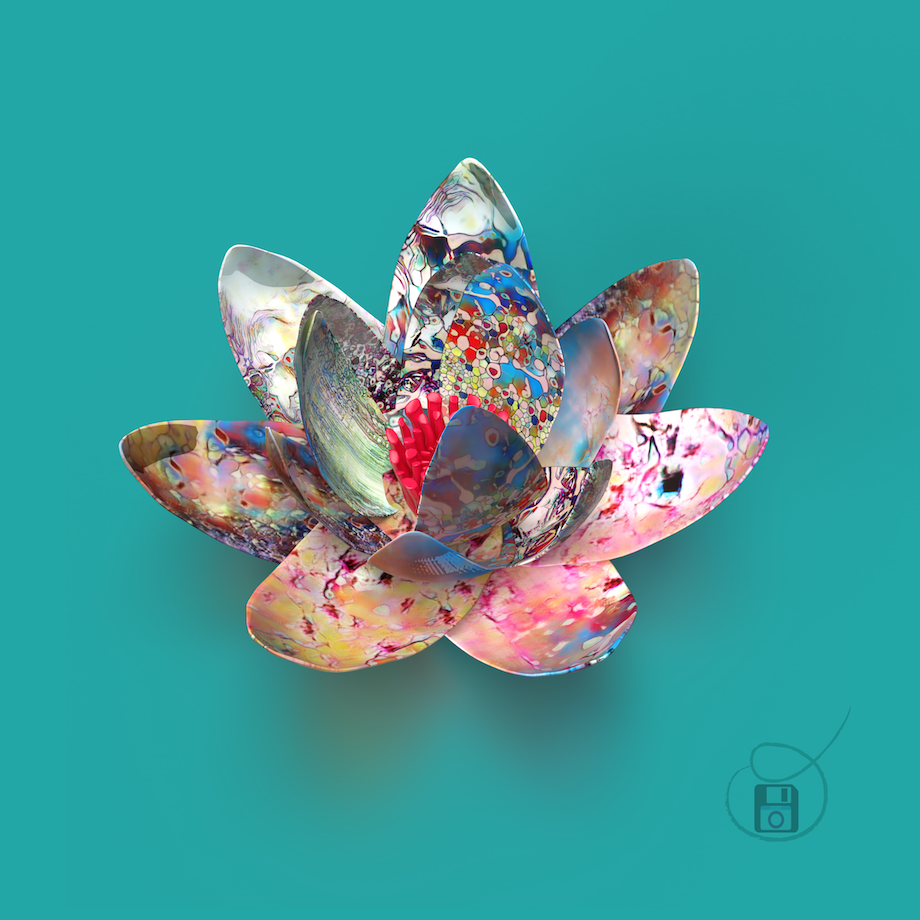 ‘FRACTAL LOTUS 1’ by obxium depicts a lotus flower in 3 dimensions with generated style transferred texturing