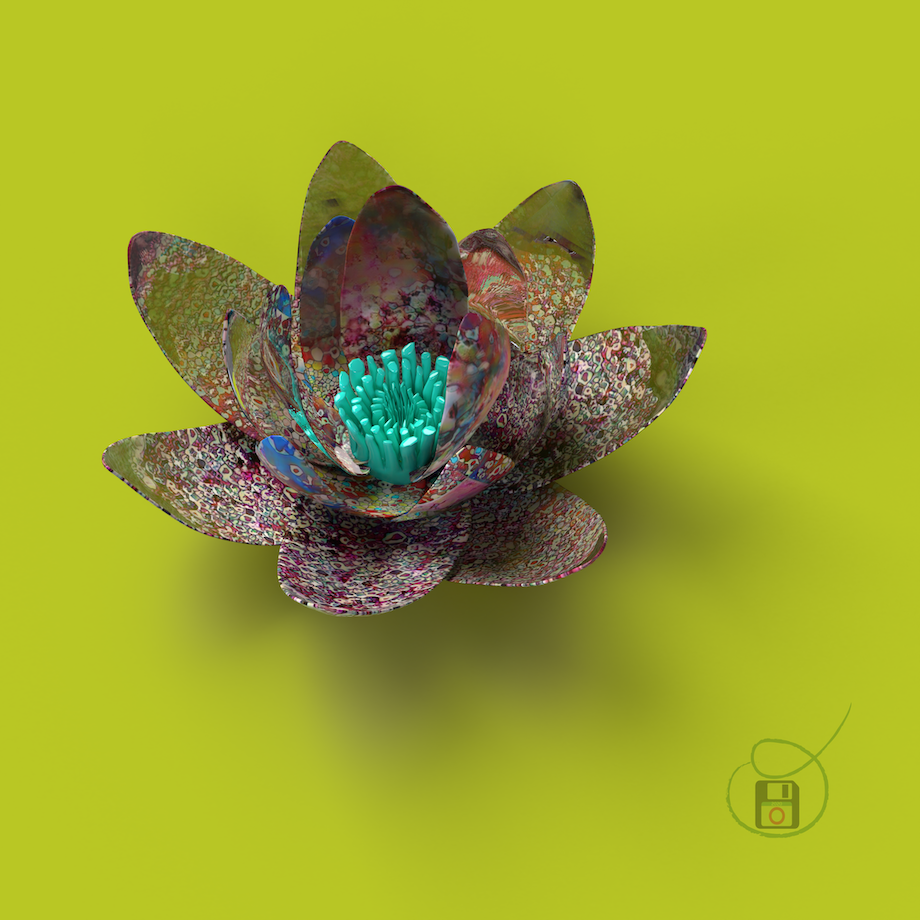 Artwork ‘FRACTAL LOTUS 3’ by obxium, depicts a luxuriously patterned lotus flower in 3D
