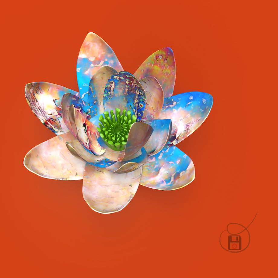 ‘FRACTAL LOTUS 4’ by obxium depicts a lotus flower in 3 dimensions with generated style transferred texturing