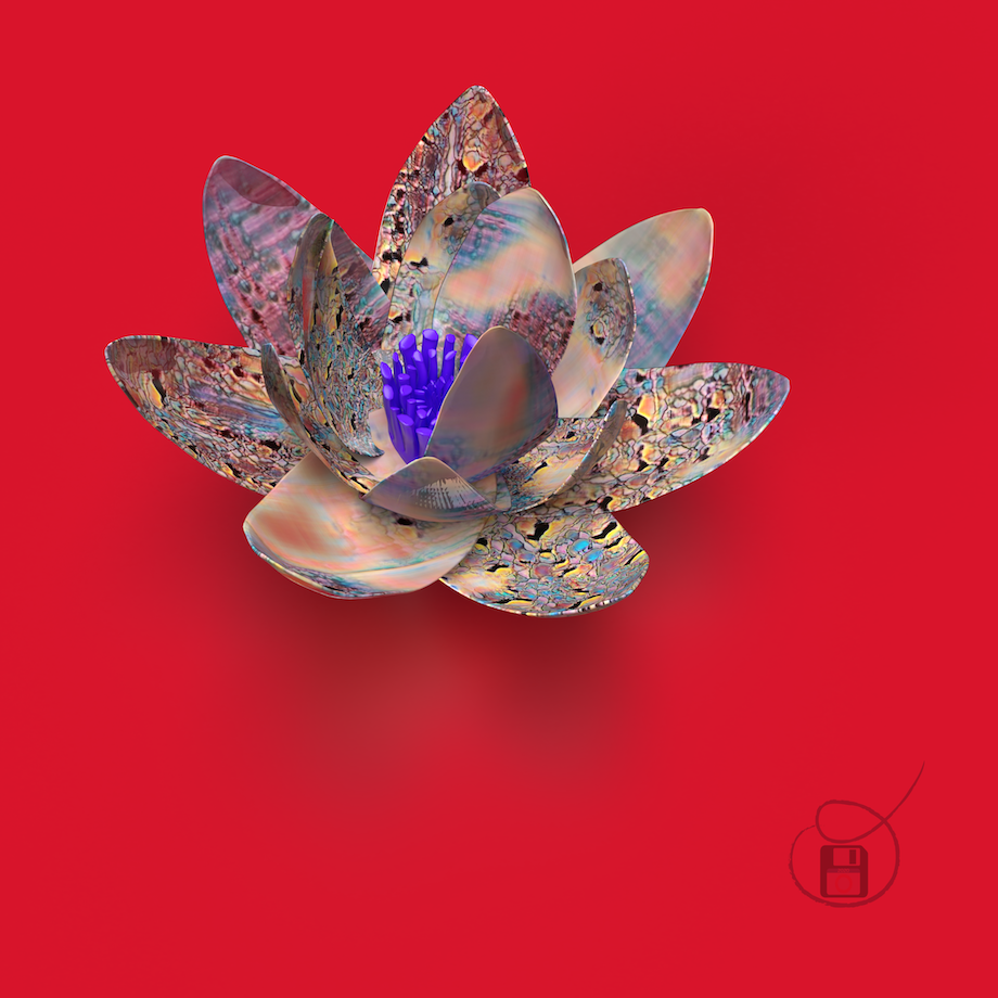 ‘FRACTAL LOTUS 6’ by obxium depicts a lotus flower in 3 dimensions with generated style transferred texturing