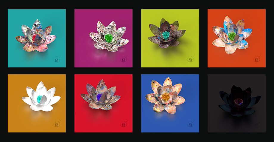 An image depicting all 8 of the FRACTAL LOTUS series of 1/1 cryptoart pieces by obxium. Each is a different lotus flower with its own unique personality