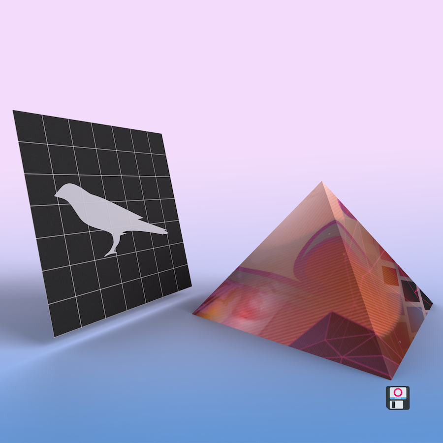 “Art featuring a tetrahedron beside a plane featuring a Kusama bird logo”