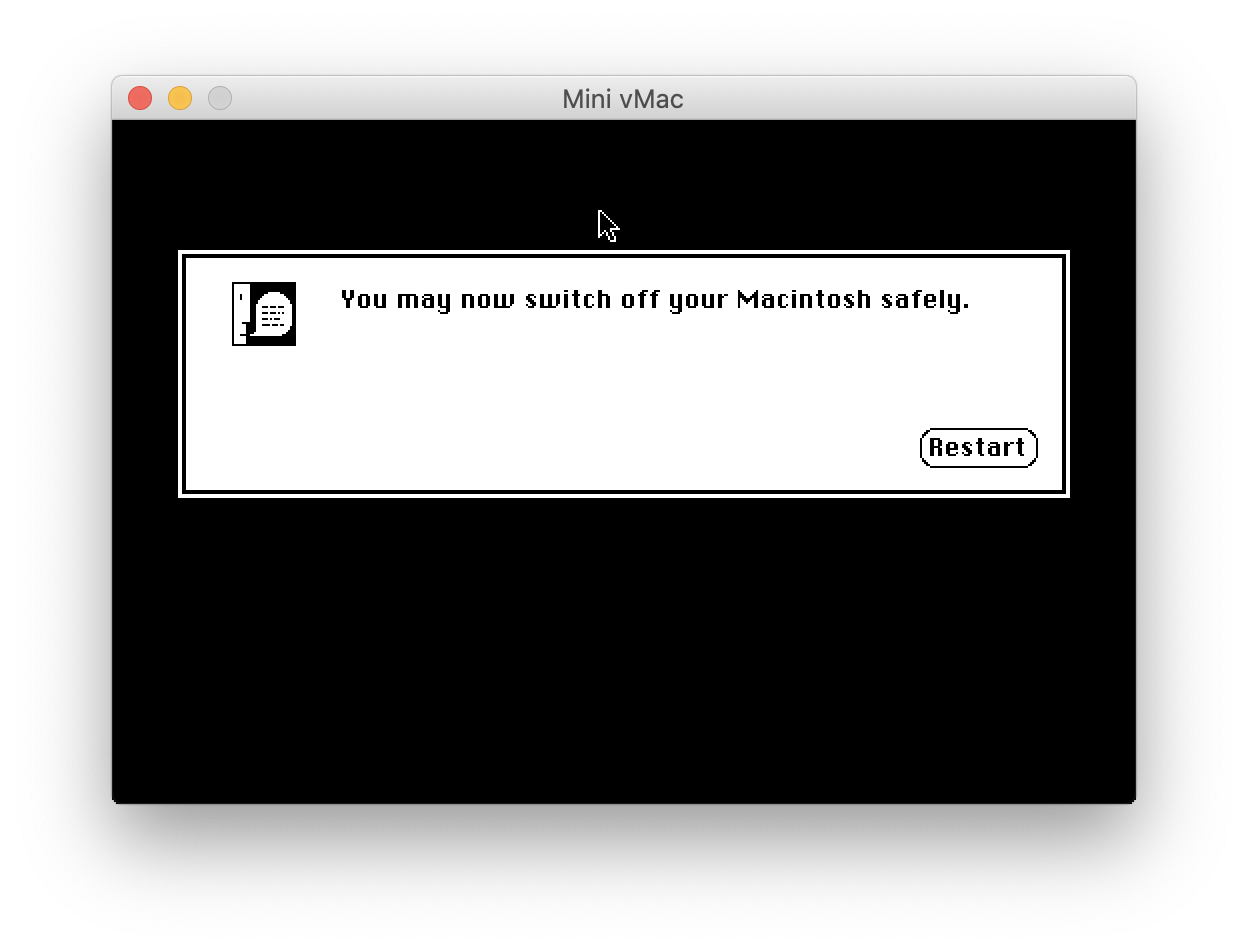 Screenshot showing desktop of System 6 on a Macintosh Plus shut down screen