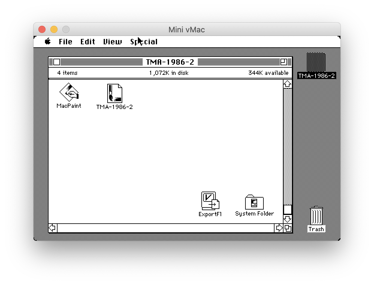 Screenshot showing desktop of System 6 on a Macintosh Plus