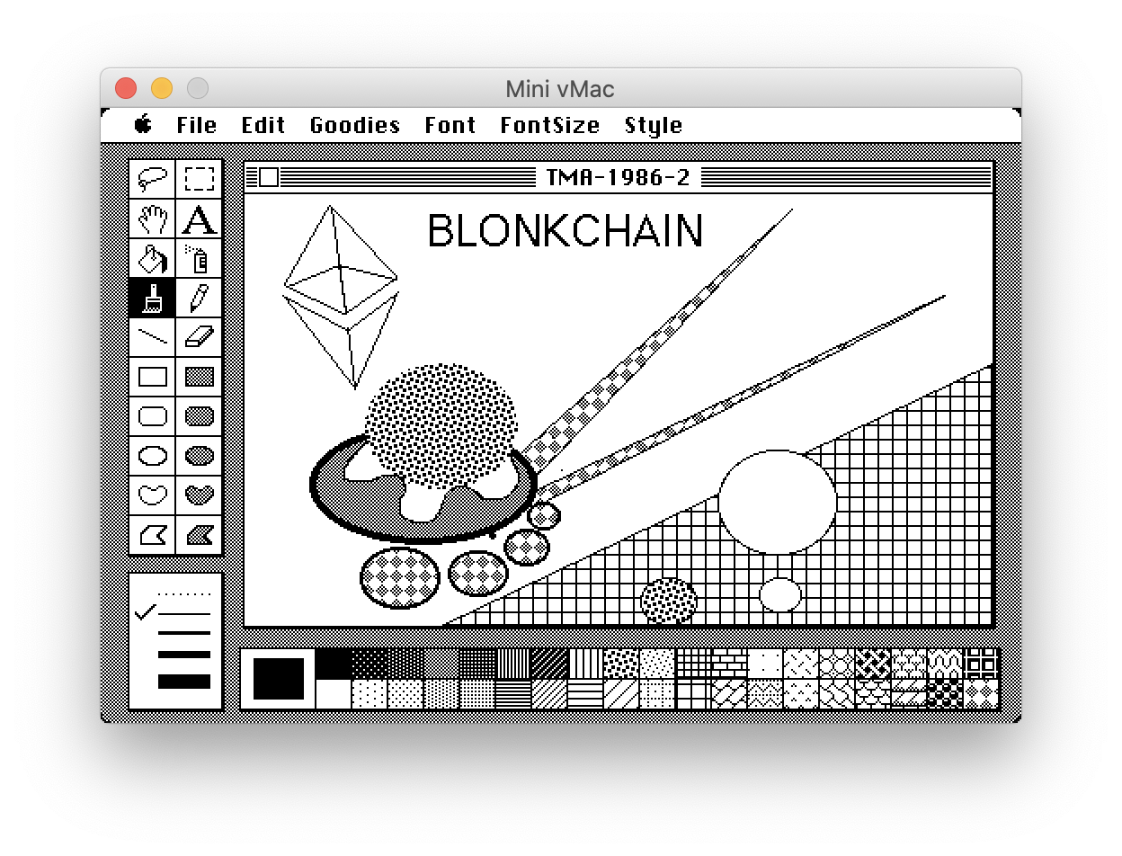 Screenshot showing TMA-1986 2 art in MacPaint on a Macintosh Plus