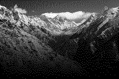 Dithered photograph of a mountain gorge