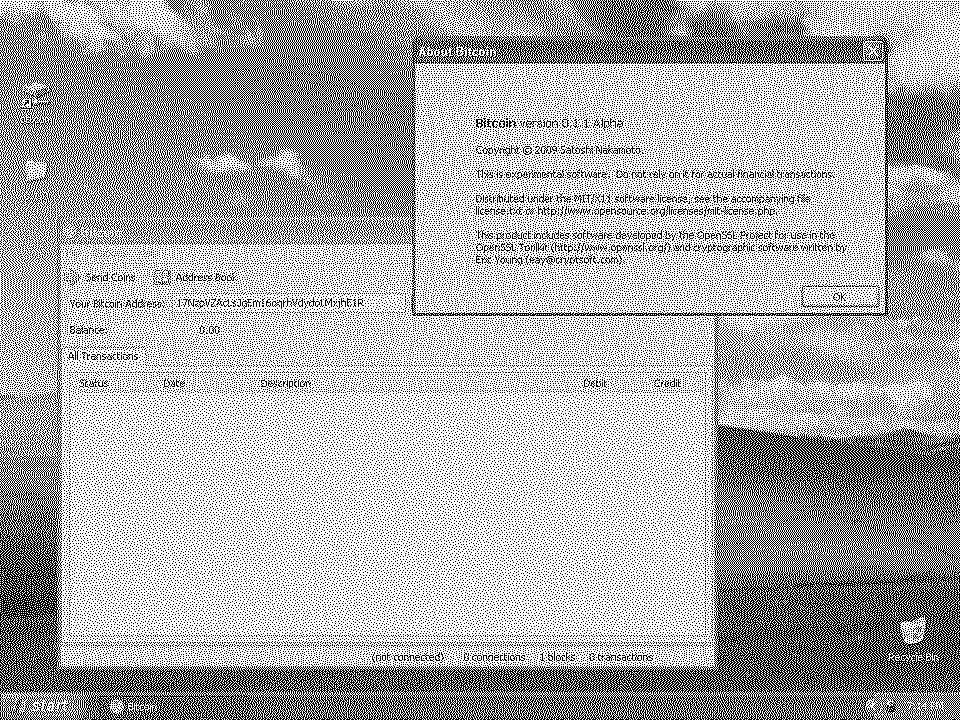 Bitcoin 0.1.1 about screen in its original native environment